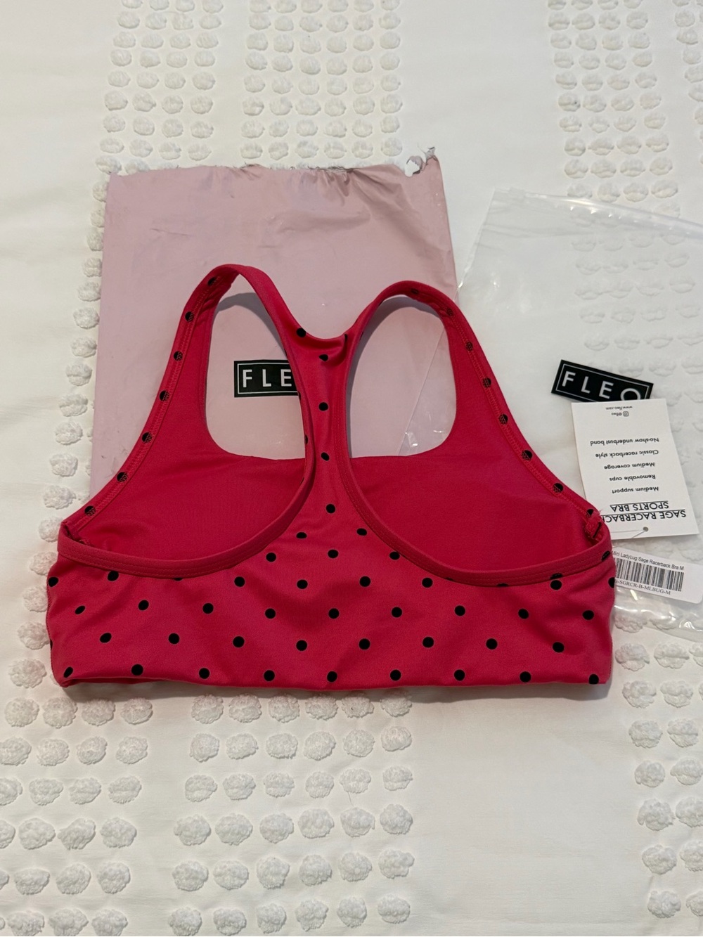 FLEO Sage Racerback Sports Bra Medium Support Ladybug Medium BNWT Pink Polka Dot - Picture 6 of 8